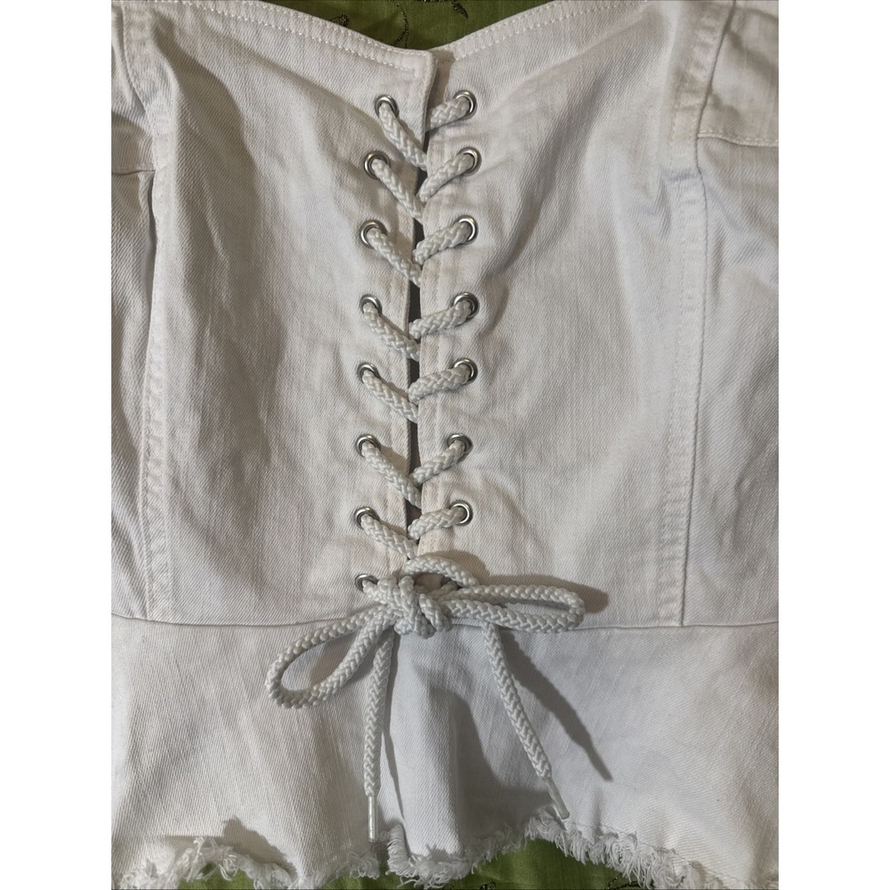 White Denim Corset Jean Lace Up Front Cotton‎ Bustier Peplum Festival 8 - Picture 2 of 5